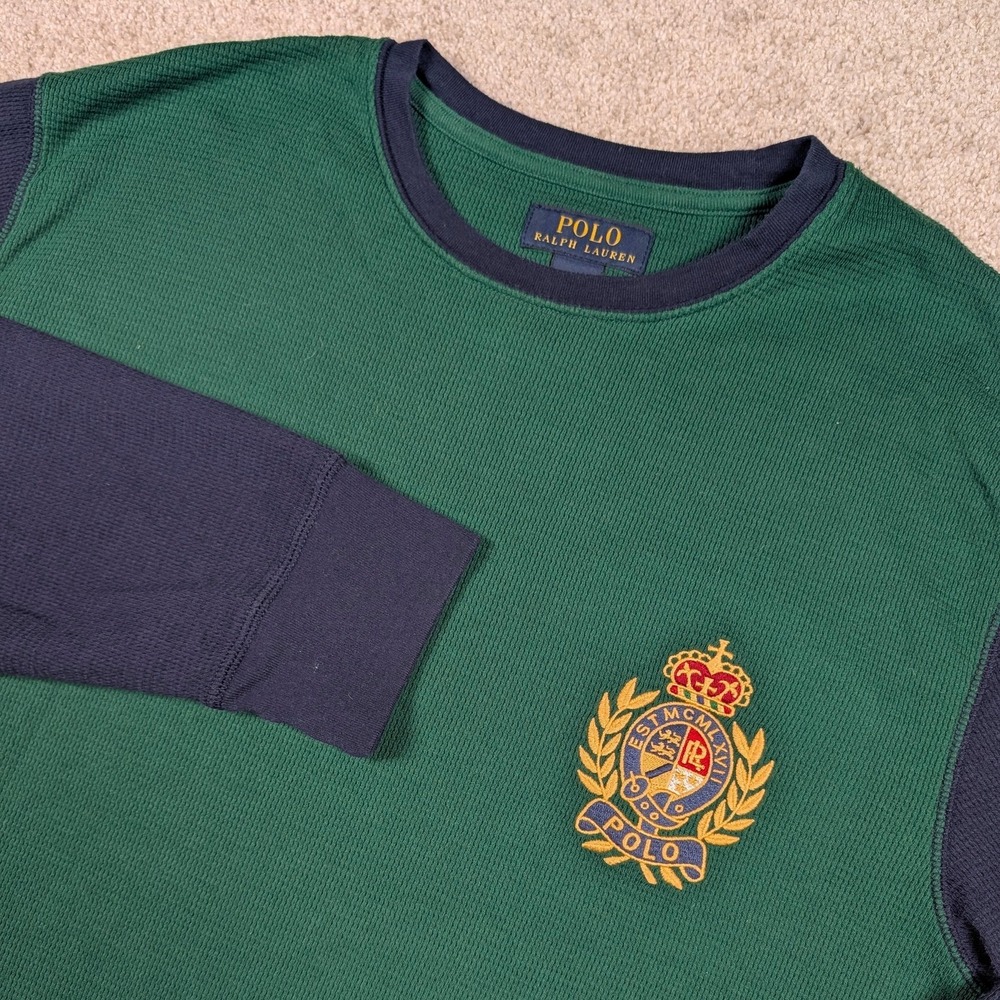 Polo Ralph Lauren Shirt Mens XL Green‎ Navy Crest Thermal Long Sleeve Sleepwear